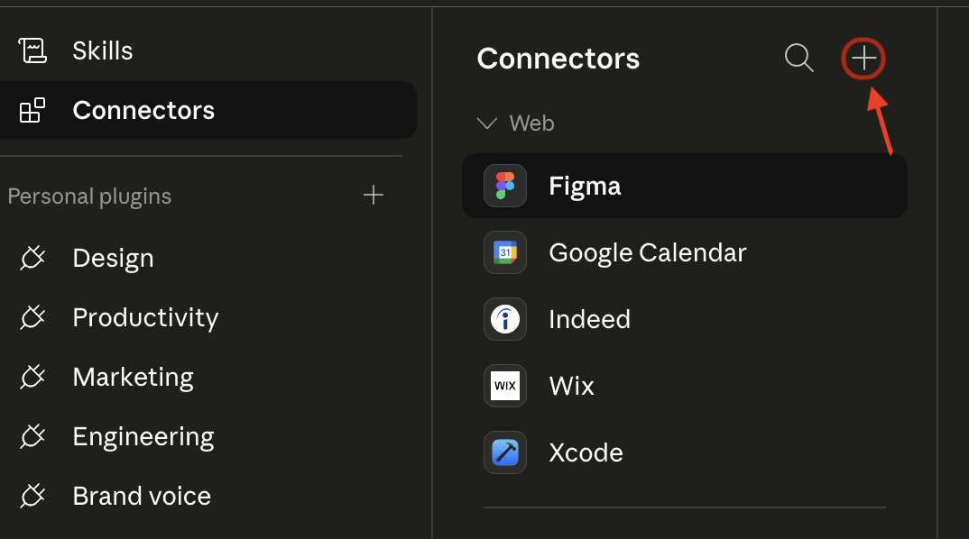 لوحة Connectors في Cowork مع زر + لإضافة أدوات جديدة