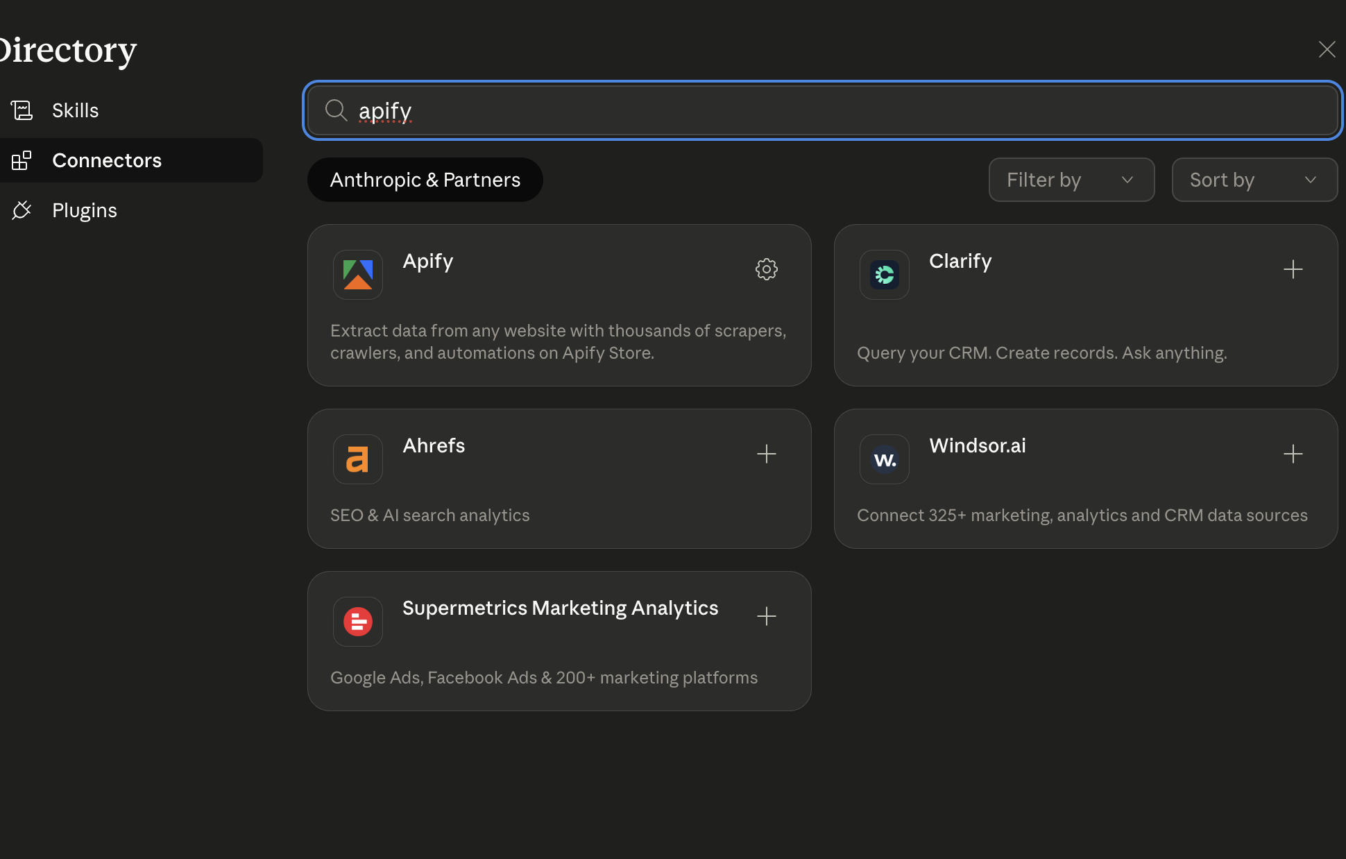 دليل Connectors مع نتائج البحث عن Apify