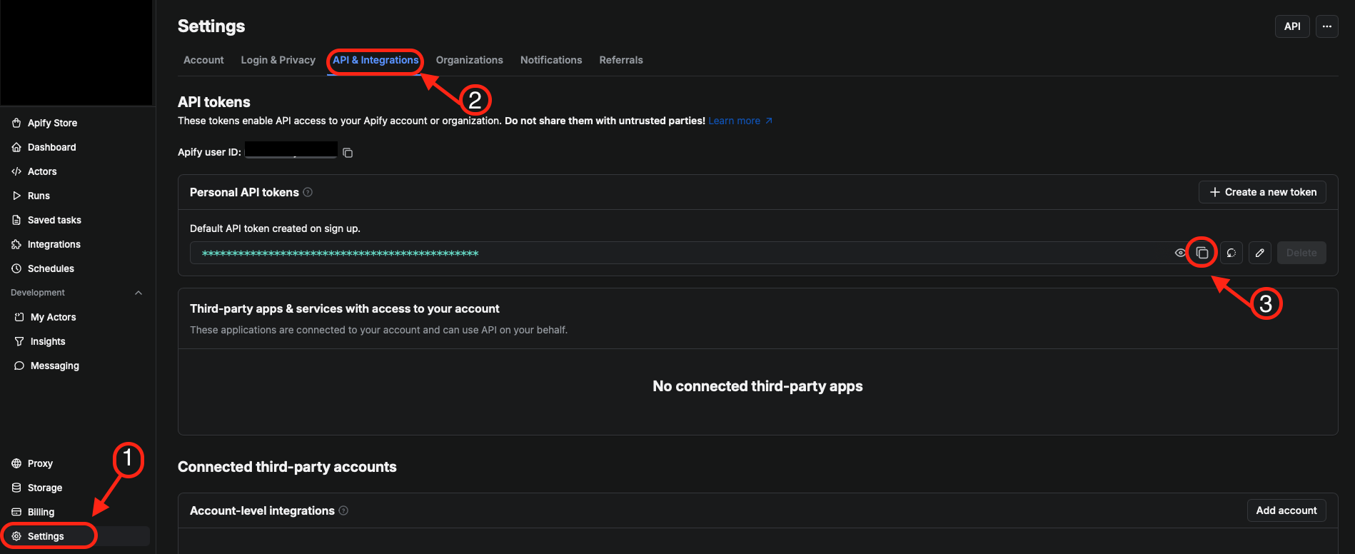 Apify Console — Settings → API & Integrations مع زر نسخ الـ API Token